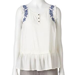 Lauren Conrad Blue Embroidery White Ruffle Peplum Tank Size Small